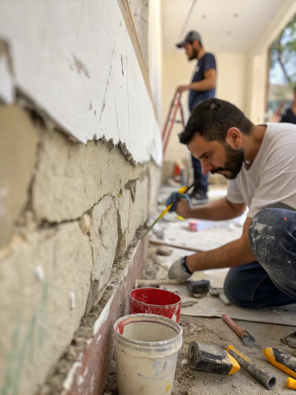 A close-up shot of a wall being repaired, showing the process of patching and smoothing before painting, highlighting DBR Painting LLC's attention to detail in wall repair.