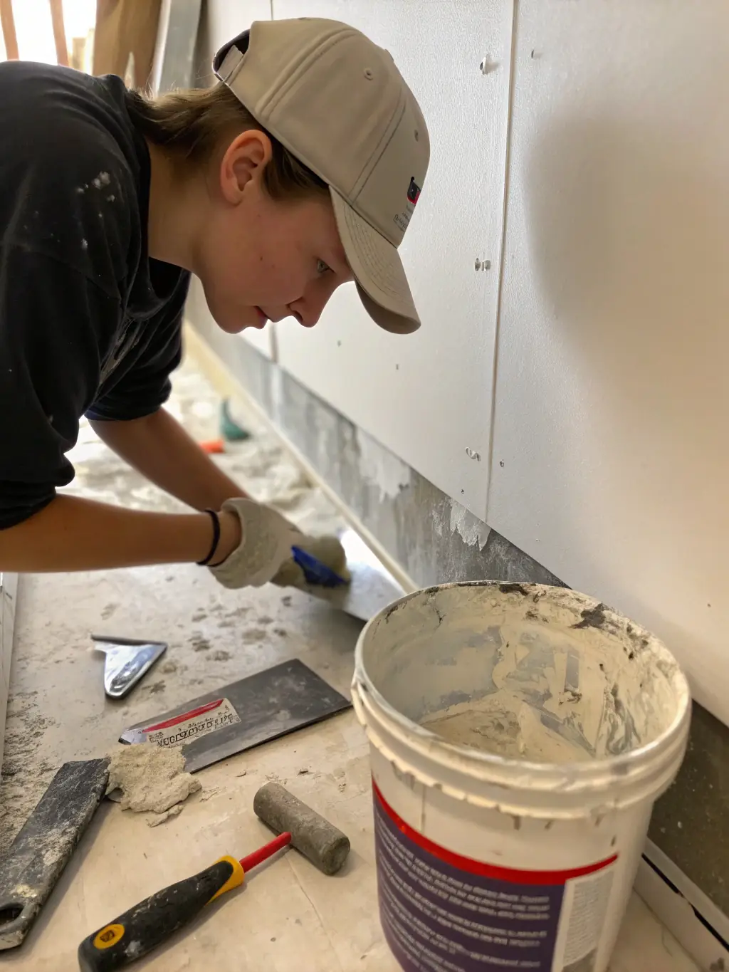 A technician filling a wall crack with spackle, preparing for painting, demonstrating DBR Painting LLC's wall repair and finishing service.