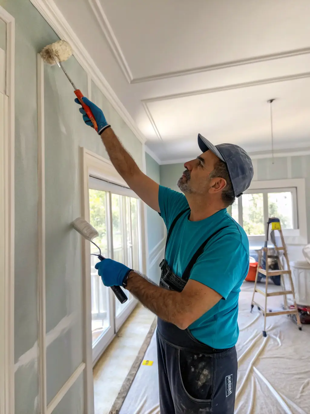 A professional painter applying fresh paint to a living room wall with clean lines and vibrant color, showcasing DBR Painting LLC's interior painting service.