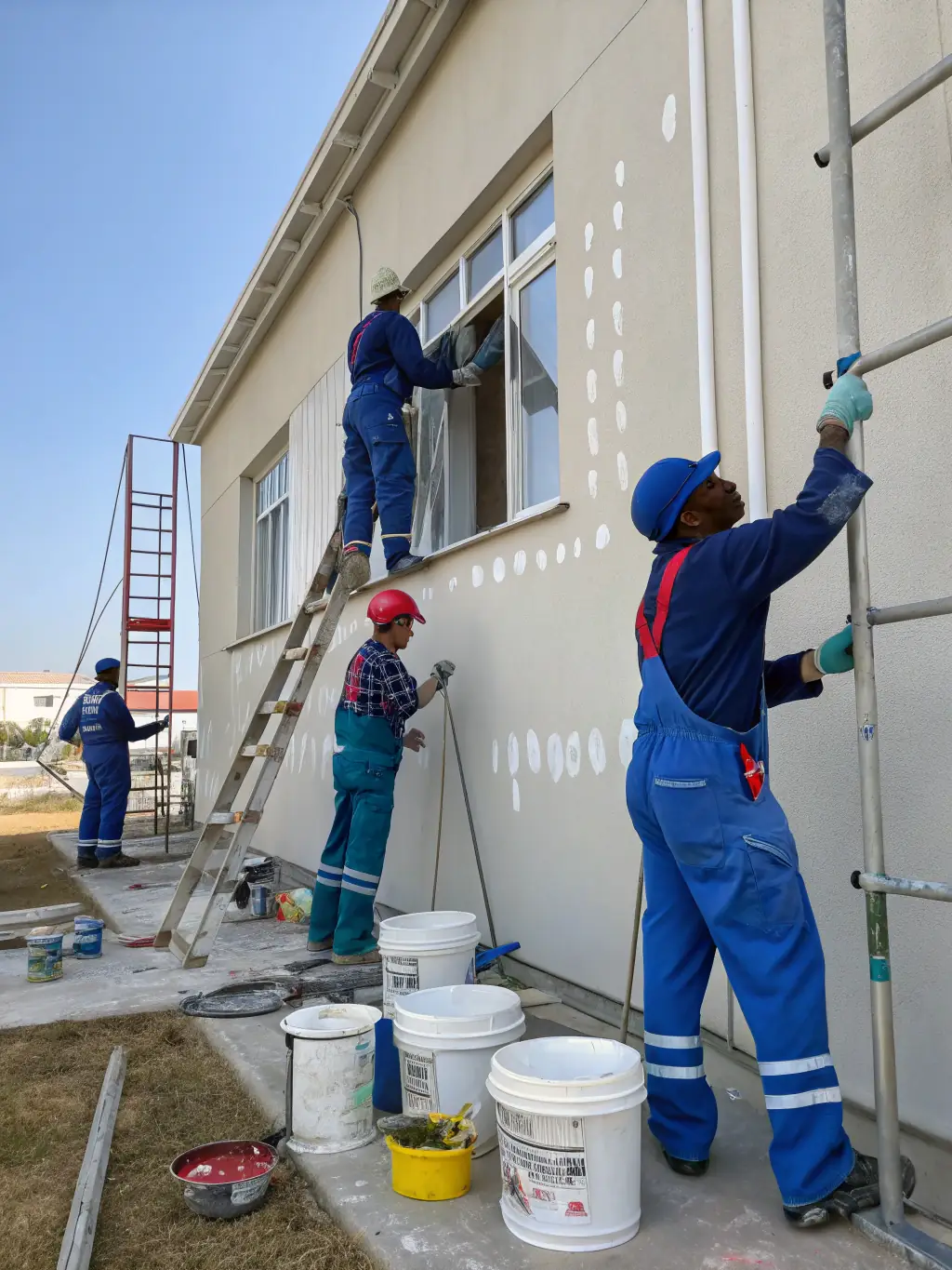 A team of painters applying fresh paint to the exterior of a house, with scaffolding and safety gear visible, representing DBR Painting LLC's exterior painting service.